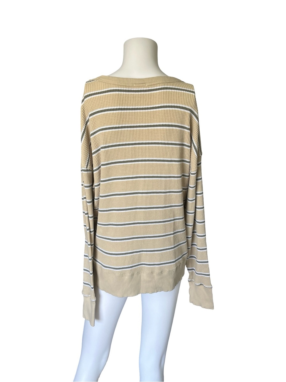 Offline by Aerie Waffle Knit Pullover Striped Tan Green Oversized Size Small - Picture 2 of 8